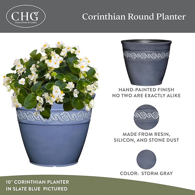 Classic Home and Garden Corinthian Round Resin Flower Planter Pot, Storm Gray 8" (Pack of 3) ClassicHomeandGarden