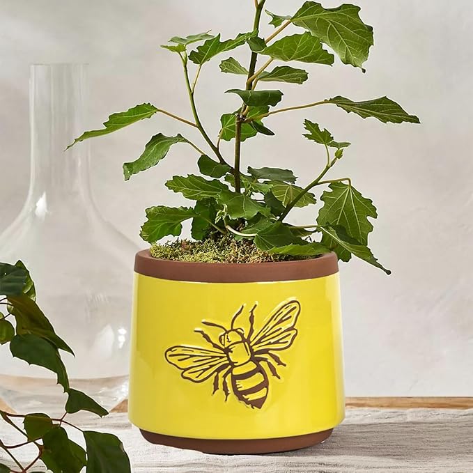 YBX Terracotta Pots Inch with Drainage Holes, Bee Decor, Ceramic Pots for Indoor Plants Flower Pots Outdoor, Succulent, Herbs, Snake Plants (Yellow, 6+4 Inch) YBXYIBOXUAN