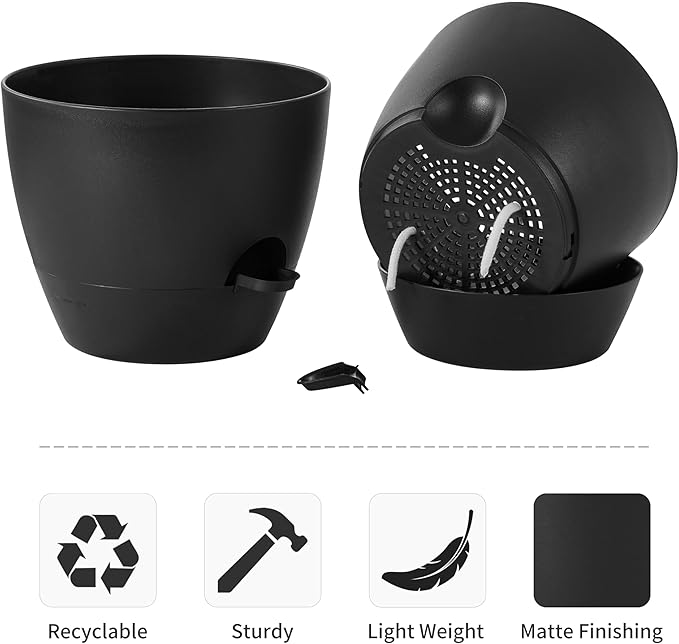 FaithLand 3-Pack Planter Pots, 10 9 8 Inch Self Watering Flower Pots for Indoor Outdoor Garden Plants, Black FaithLand