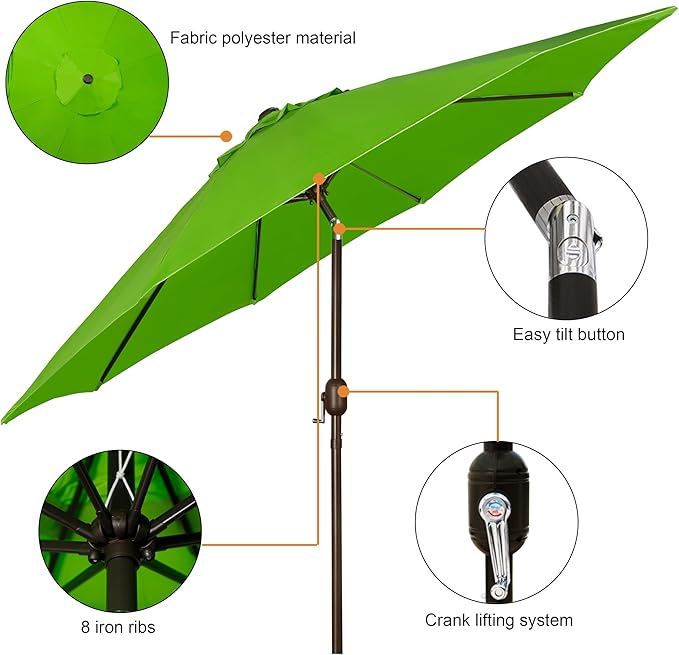 Blissun 9' Outdoor Patio Umbrella, Outdoor Table Umbrella, Yard Umbrella, Market Umbrella with 8 Sturdy Ribs, Push Button Tilt and Crank Blissun