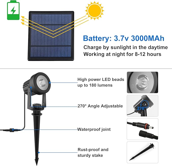 Solar Spot Lights Outdoor, 4-in-1 Solar Landscape Spotlight Waterproof 9.8ft Cable, 5W 3000mAh, Dusk to Dawn Auto ON/Off Adjustable Wall Lights for Yard, Ground, Garden, Pool, Lawn (Cold White) CREPOW