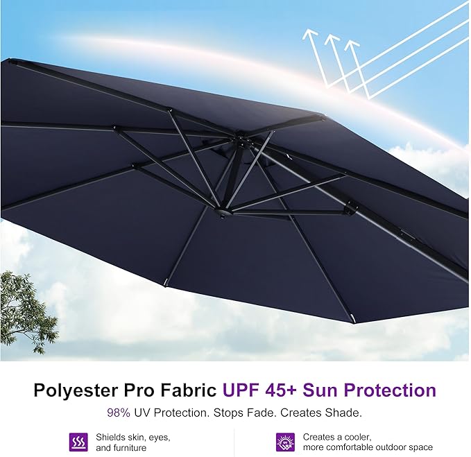 PURPLE LEAF 11 Feet Patio Umbrella with Base and Cover Round Outdoor Cantilever Umbrella Aluminum Offset Umbrella with 360-degree Rotation for Garden Deck Pool Patio Navy Blue PURPLELEAF