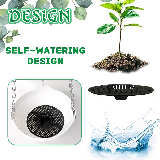 4 Pack 8 inch Plastic Self Watering Hanging Planters,Round Hanging Basket Planter with Drainer and Metal Chain,White Garden Flower Plant Pot Container for Indoor Outdoor Plants Srmayyi