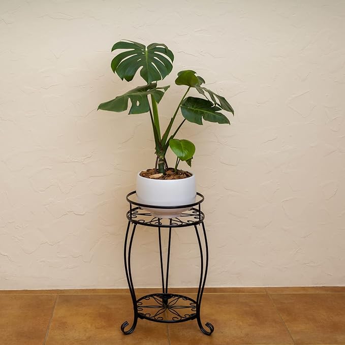 FaithLand 2 Pack Plant Stands, Heavy Duty Metal Planter Holder Indoor Outdoor, 2 Tier Round Potted Supports Rack, Corner Display Shelf Black FaithLand