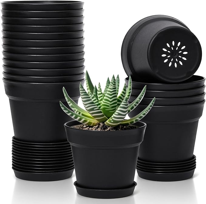 T4U Flower Pots 18-Pack, 5 Inch Plant Pot with Saucer and Drainage Hole, Durable Plastic Flower Pots, Small Pots for Plants, Violet, Succulent and Indoor Plant Decorative (18 Pack 5" Pot, Black) T4U