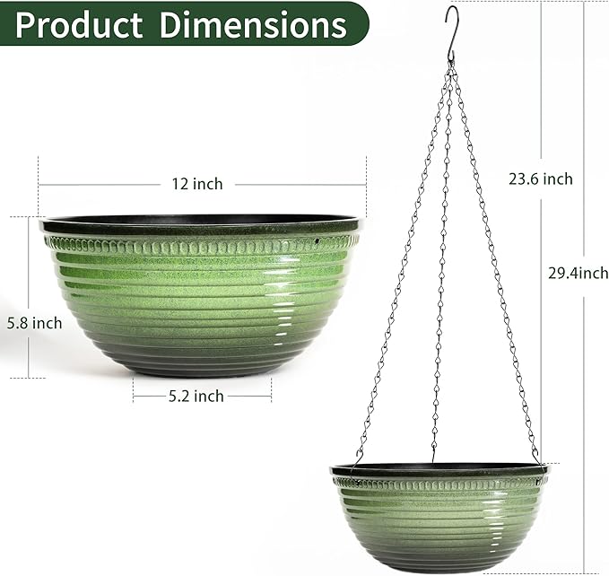 12 inch Hanging Planters for Indoor Outdoor Plants, 2 Pack Large Hanging Flower Pots with Drainage Holes and Chain, Glazed Hanging Baskets for Home Garden Decoration, Green Vanslogreen