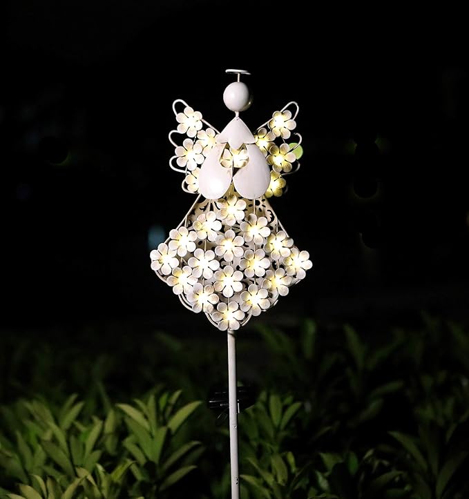 Solar White Angel Garden Stake Lights - Metal Hydrangea Memorial Gift With 27 LEDs - Perfect for Remembrance and Sympathy (7.7" W x 40.5" H) WSgift