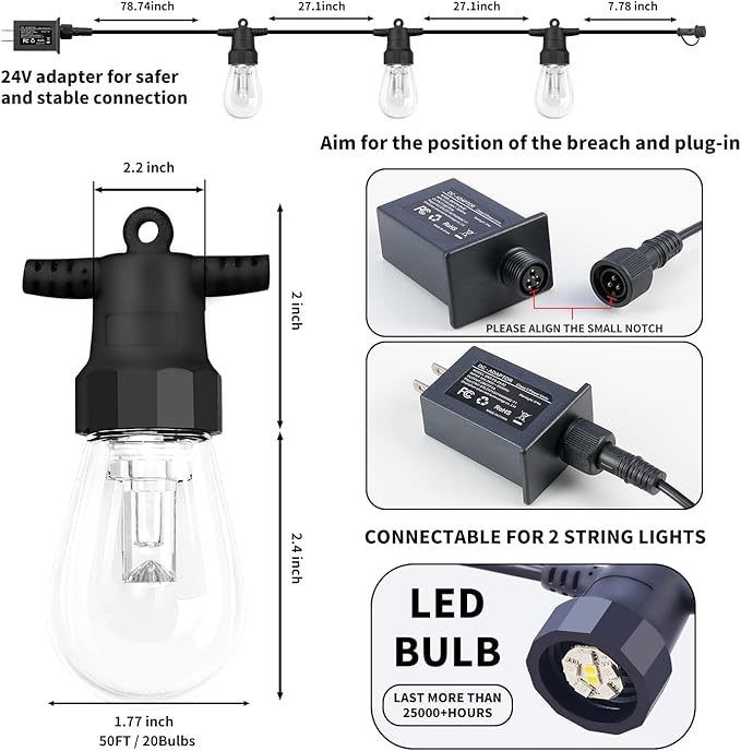 Outdoor String Lights 100FT (2×50FT), Patio Lights with 40 Dimmable RGBW LED Bulbs, IP66 Waterproof & Shatterproof, APP & Remote Control, 24V Adapter, Color Changing Lights for Backyard Decor CAWWS