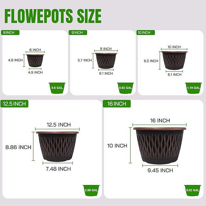 6 Pack 8 Inch Retro Plant Pots, Vintage Striped Flower Pots with Drainage Hole & Saucer, Large Plastic Planters for Indoor and Outdoor Plants, Decorative Garden Pots(Copper) Usocik