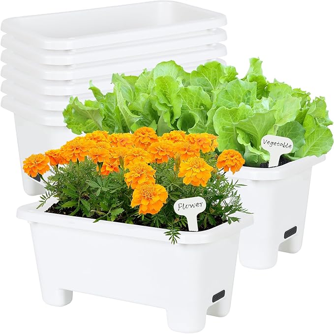 Self-Watering Rectangle Planter Boxes 8-Pack, 15.7-Inch Window Box Planter with Drainage Holes & Trays, Pots for Vegetables, Herbs, Flowers, Garden Windowsill Balcony (White) Oliz