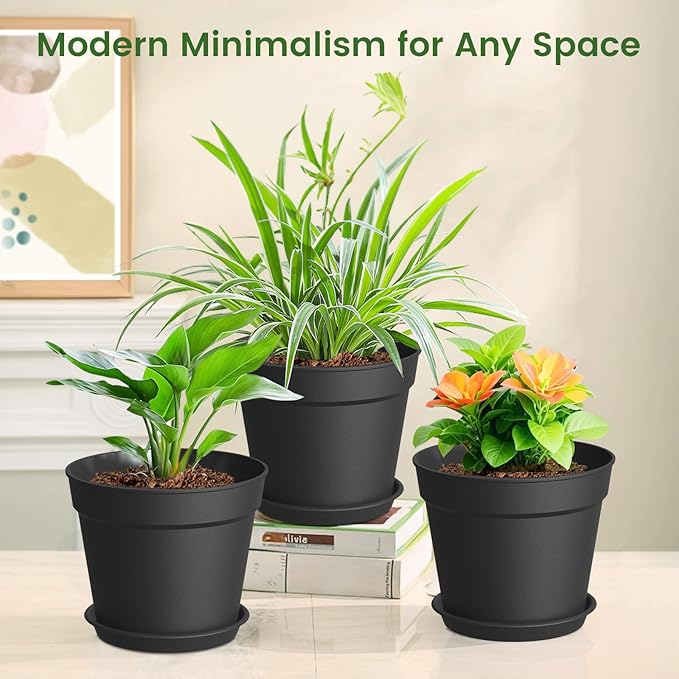 10 Pack 6 Inch Plant Pots with Drainage and Saucers, Black Plastic Flower Pots for Indoor and Outdoor Plants, Stackable Nursery Planters for Houseplants and Herbs, Black SwinDuck