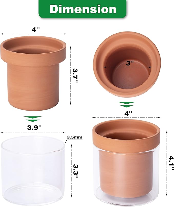 Phoenix Vine 4 Inch Self Watering Planter Pot, Terracotta Clay Pot with Glass Reservoir for Indoor Plants, Herbs, Flowers, Set of 3, 52-A-E-3 Phoenix+Vine