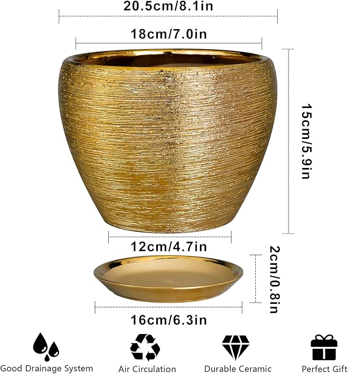Ceramic Plant Pot 8 Inch - Planter for Outdoor Plants Indoor Plant Pot with Drainage Hole and Saucer Decorative Round Planter Modern Flower Pot for House Decor Gold Ceramicfor