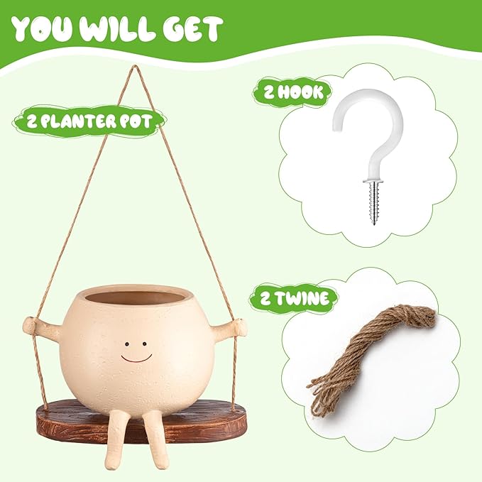 Domensi 2 Pcs Swing Hanging Planter Cute Smile Flower Face Pot Indoor Outdoor Pots for Succulent String of Pearls Plants Plant Ideal Gifts for Christmas Birthday(Swing Spherical,Medium) Domensi