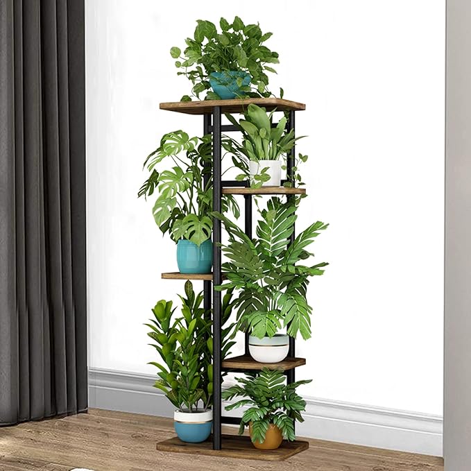 LINZINAR Plant Stand 5 Tier 6 Plant Multiple Flower Rack Holder Shelves Rack Storage Organizer Display Indoor Planter for Balcony Bedroom Patio Garden Living Room, Black LINZINAR