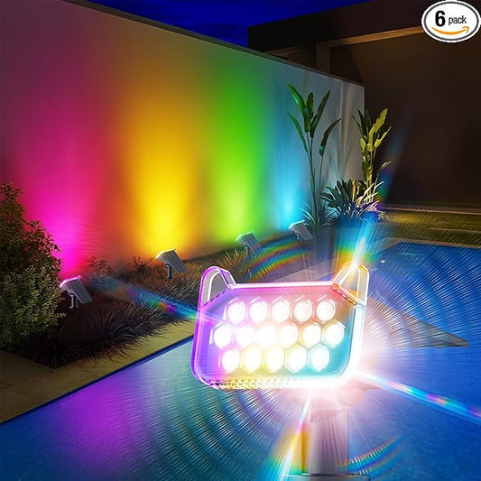 WdtPro 6 Pack Solar Color Changing Spot Lights, 10 Lighting Modes, Multicolor RGB Outdoor Lights, 9 Colors Auto Cycling Landscape Spotlights for Yard Garden Decoration WdtPro