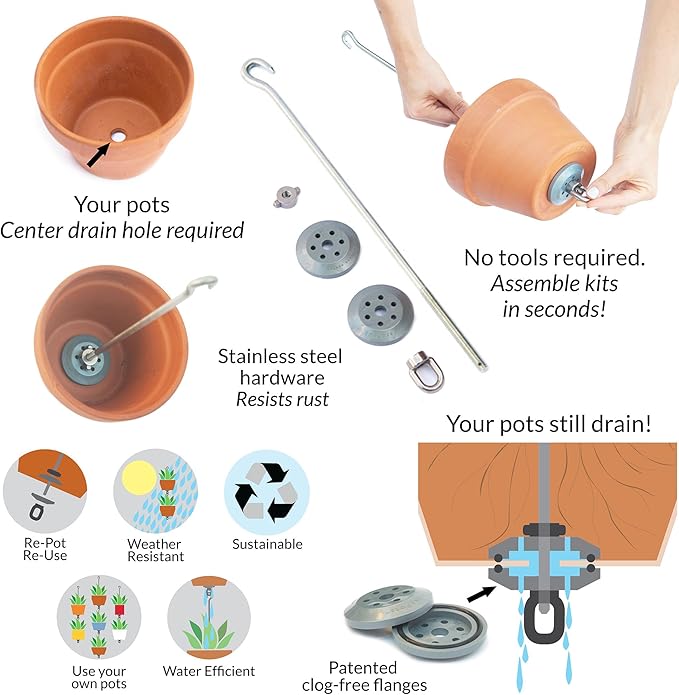 — Three Pack, Pot Hanger Kits + Accessories - Hang and Connect Your Clay Pots, Stainless Steel - Indoor Outdoor - Connectable Hanging Planter Vertical Garden w/Drainage for Healthy Plants SkyPots