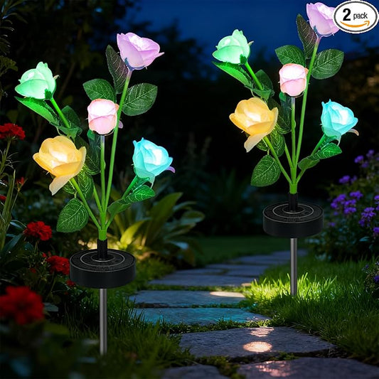 Upgraded Solar Garden Lights, 2 Pack Outdoor Solar Lights, New Round Panel for 40-Hour Runtime, Serve as Outdoor & Indoor Decor, 7-Color Changing Flower Lights, Waterproof for Patio Yard Decoration Rootora