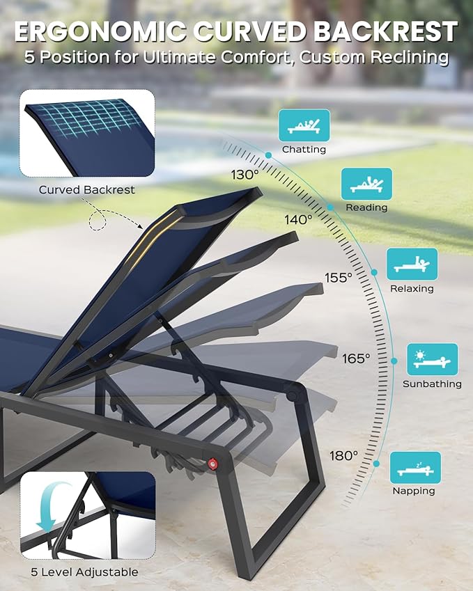 Aluminum Chaise Lounge Chair Outdoor, Foldable & Assembly Free Patio Pool Lounge Chairs 5-Position Recliner for Outside Poolside, Fully Grounded Legs Sun Lounger for Beach, Yard, Navy Blue Oasbira