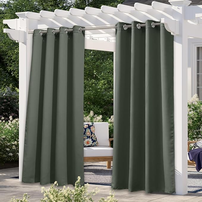 NICETOWN 2 Panels Greyish Green Outdoor Curtains for Patio Waterproof Set of 2, Rustproof Grommet Blackout Indoor Outdoor Drapes Thermal Window Treatments for Pergola/Porch, W52 x L84 NICETOWN