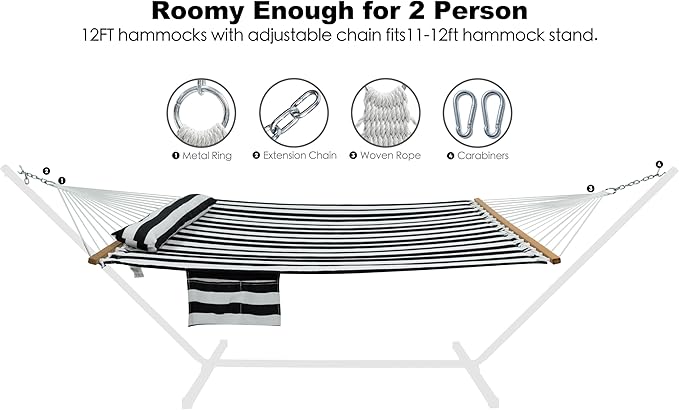 2 Person Hammocks for Outside, Double Quilted Fabric Outdoor Hammock with Spreader Bar, Large Removable Pillow, Storage Pockets, Carabiners, Max 475 lbs Capacity (Black White) GafeteOutdoorLiving