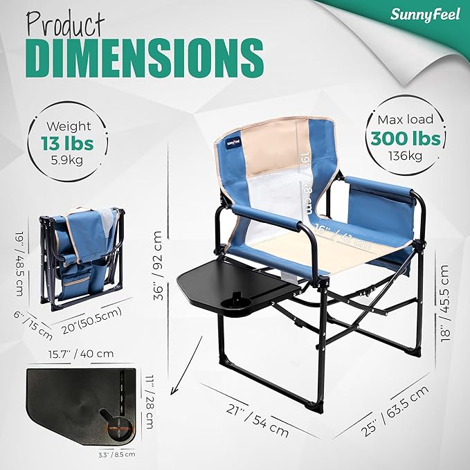 SUNNYFEEL Camping Directors Chair, Heavy Duty,Oversized Portable Folding Chair with Side Table, Pocket for Beach, Fishing,Trip,Picnic,Lawn,Concert Outdoor Foldable Camp Chairs SunnyFeelCamping