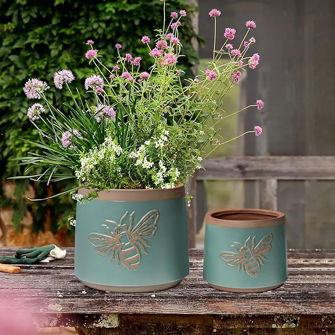YBX Terracotta Pots with Drainage Holes, Bee Decor, Planter for Indoor Plants, Flower Pots Indoor Succulent, Herbs, Snake Plants (Turquoise, 6+4 Inch) YBXYIBOXUAN