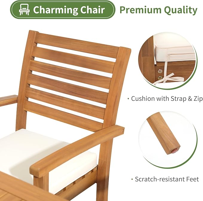OC Orange-Casual Stackable Patio Dining Chairs Set of 2, Outdoor Acacia Wooden Chairs w/Armrest & Removeable Fabric Cushion, for Porch, Backyard, Garden, Indoor, Beige OCOrange-Casual