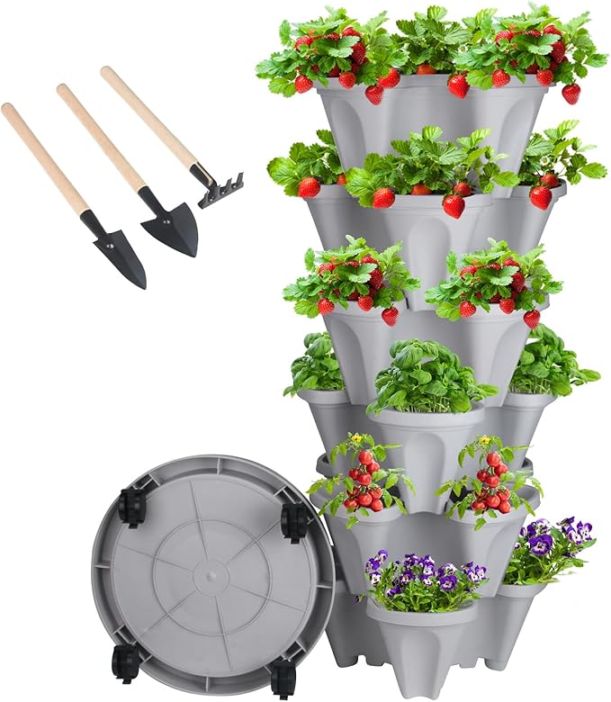 GameXcel Vertical Planter 6 Tier Stackable Planters Garden Planters Strawberry Herb Flower and Vegetable Planter Indoor Outdoor Gardening Pots with Removable Wheels and Tools GameXcel