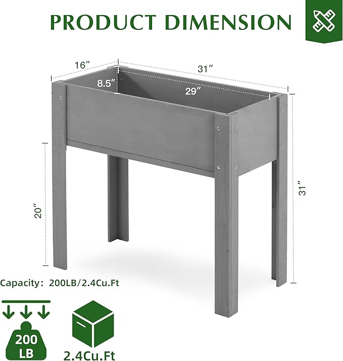 SoliWood Set of 2 Raised Garden Bed with Legs, 31x16x31'', Outdoor Wood Elevated Planter Box, Grey Cedar, Thick Legs, w/Liner OutdoorFurniture