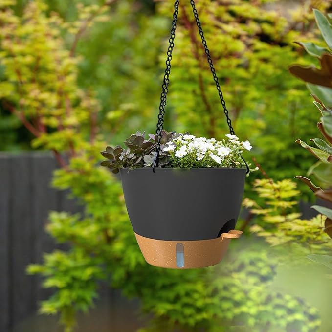 ZMTECH 12 Inch Hanging Planters for Indoor Outdoor Plants, 2 Pack Self Watering Hanging Plant Pots with Drainage Hole, Visual Reservoir, Plastic Flower Hanging Pots with Watering Lip (Black) HighQualityGardeningTools