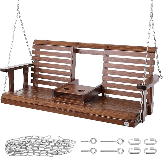 VEVOR Wooden Porch Swing 5 ft, Patio Bench Swing for Courtyard & Garden, Upgraded 880 lbs Strong Load Capacity, Heavy Duty Swing Chair Bench with Hanging Chains for Outdoors, Brown VEVOR