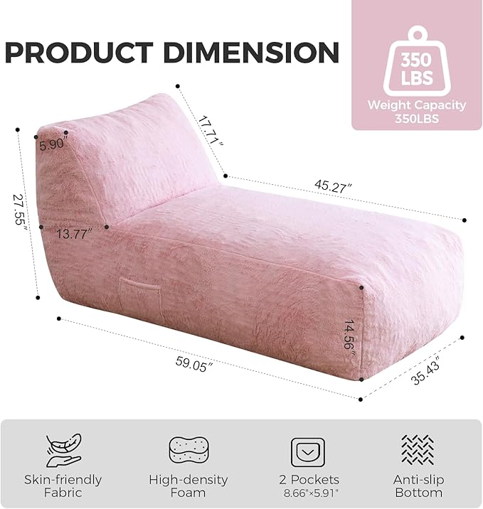 Giant Bean Bag Lounger Chair for Adults with Soft & Cozy Plush Fabric,Memory Foam Filled Beanbag Chair for Family Living Room,Bedroom and Game Room (Pink) Rootora
