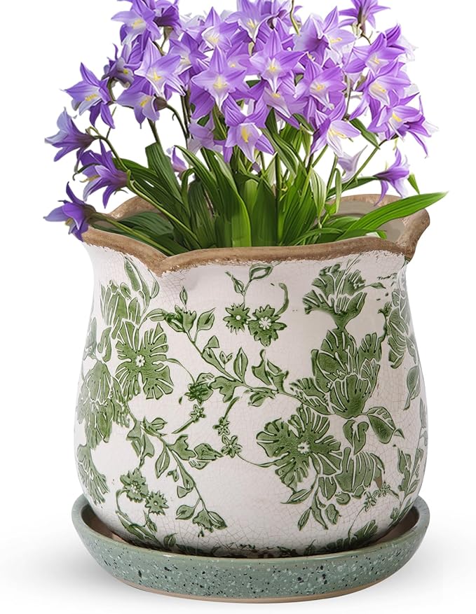 Ceramic-Planters-for-Indoor-Plants with Saucer, 6 inch Vintage Ice Crack Glaze Plant Pots with Drainage Holes, Decorative Flower Pots for Outdoor Garden Home Decor, Tuscan Pot for Plant Xoogifae