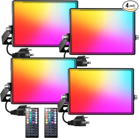 Onforu LED Flood Light Outdoor 1000W Equivalent, 150W Color Changing RGBW Floodlight with Remote, Stage Lights Uplights for Events, IP66 Uplighting Spotlight Floor Strobe Light for Christmas 4 Pack Onforu