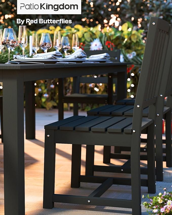 5-Piece Black Outdoor Dining Set for 4, 75.2'' HDPE Table with Umbrella Hole & Chairs, Weather-Resistant Patio Furniture for Garden, Lawn, or Poolside PatioKingdom
