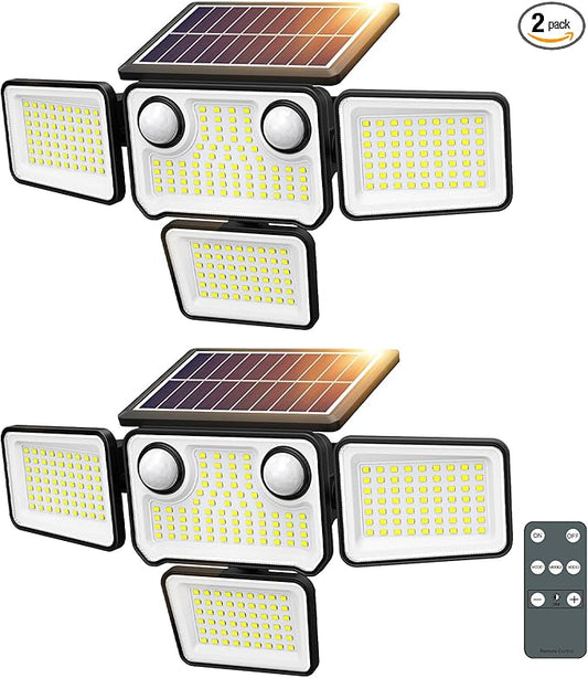 4500LM Solar Lights Outdoor Waterproof, 254 LED Solar Flood Lights Outdoor with 2 Motion Sensor, 4 Heads Security Light with Remote Control for Yard Outside House Garage 2 Pack SZPOWER