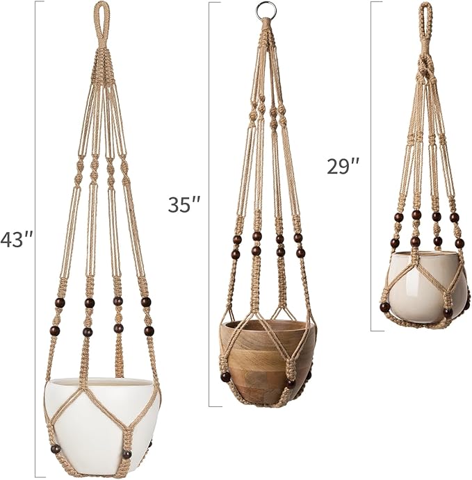 Mkono 3 Pack Macrame Plant Hangers Indoor Different Size Hanging Planter Basket Flower Pot Holder with Beads No Tasselss 43"/35"/29", Large, Brown Mkono