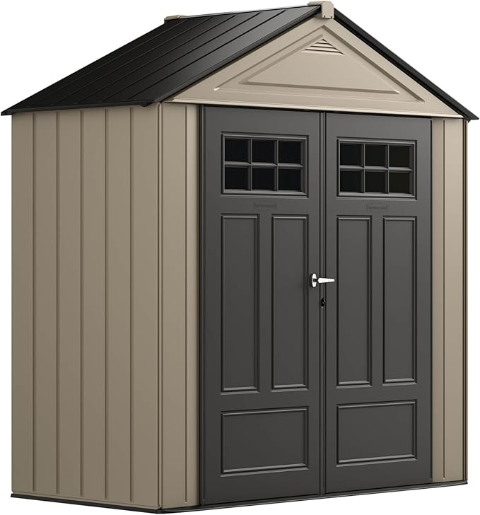 Rubbermaid Resin Outdoor Storage Shed With Floor (7 x 3.5 Ft) Weather Resistant, Brown Gable, Organization for Home/Backyard/Garden Tools/Lawn Mower/Bike Storage/Pool Supplies Rubbermaid