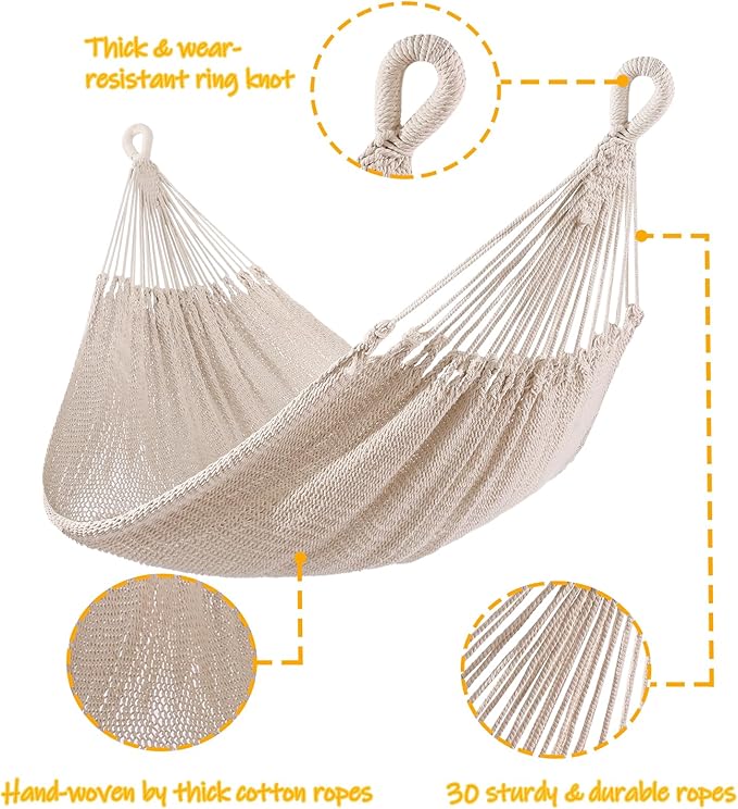 ZEAN Handwoven Hammock by Thick Cotton Rope XL Two Person Hammock for Outside, Patio Backyard Garden 550LB Capacity ZEANTZ.