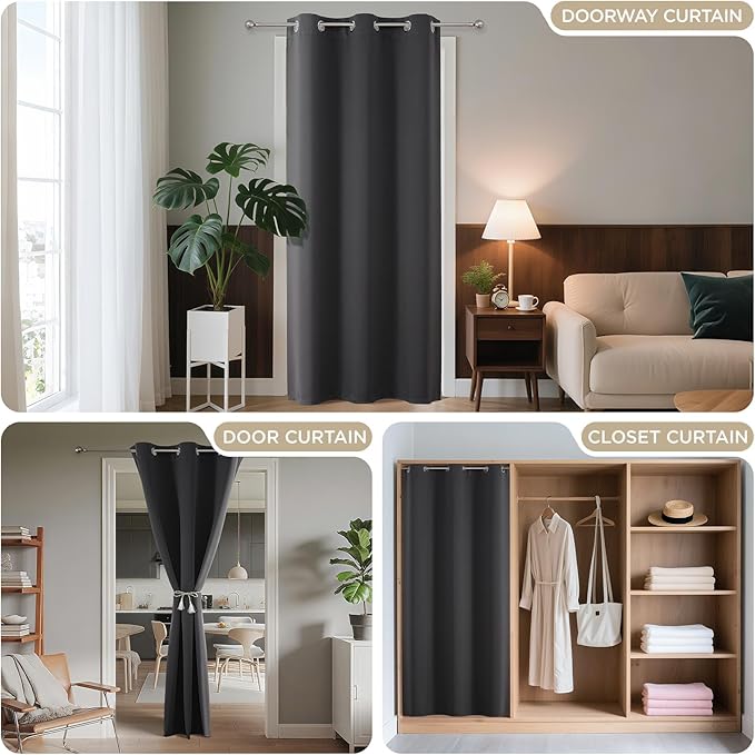 Joydeco Blackout Door Curtain for Doorway Privacy 90 Inches Long, Grommet Closet Curtain for Open Closet, Room Divider for Bedroom Living Room (Grey, 52Wx90L, 1 Panel) JOYDECO