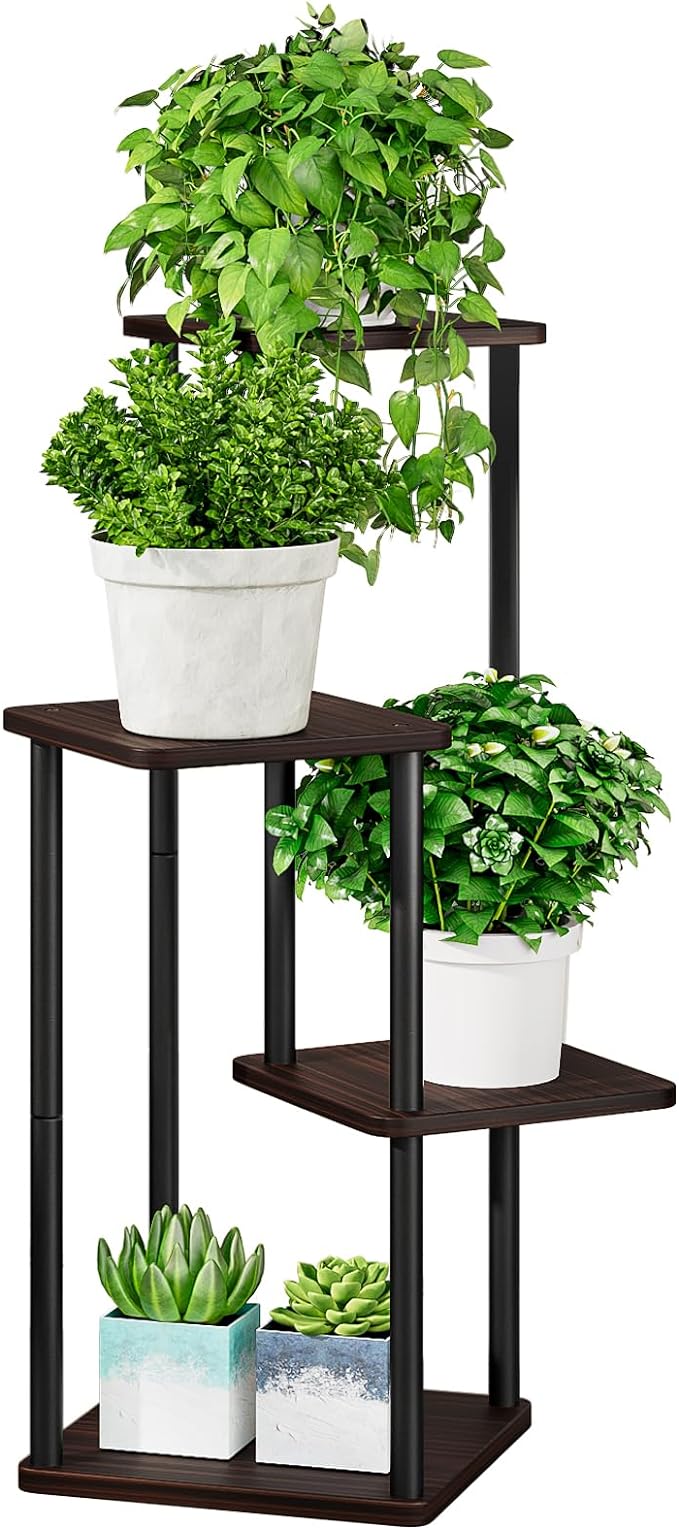 AZERPIAN Plant Stand 4 Tier Indoor Metal Flower Shelf for Multiple Plants Corner Tall Flower Holders for Patio Garden Living Room Balcony Bedroom, Black oak AZERPIAN