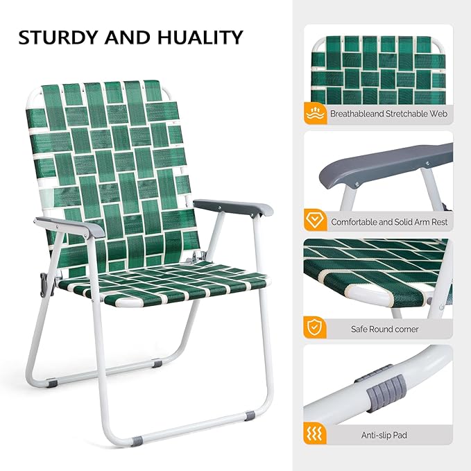 VINGLI Patio Lawn Webbed Folding Chairs Outdoor Beach Portable Camping Chair for Yard, Garden (2, Dark Green, Oversized) VINGLI