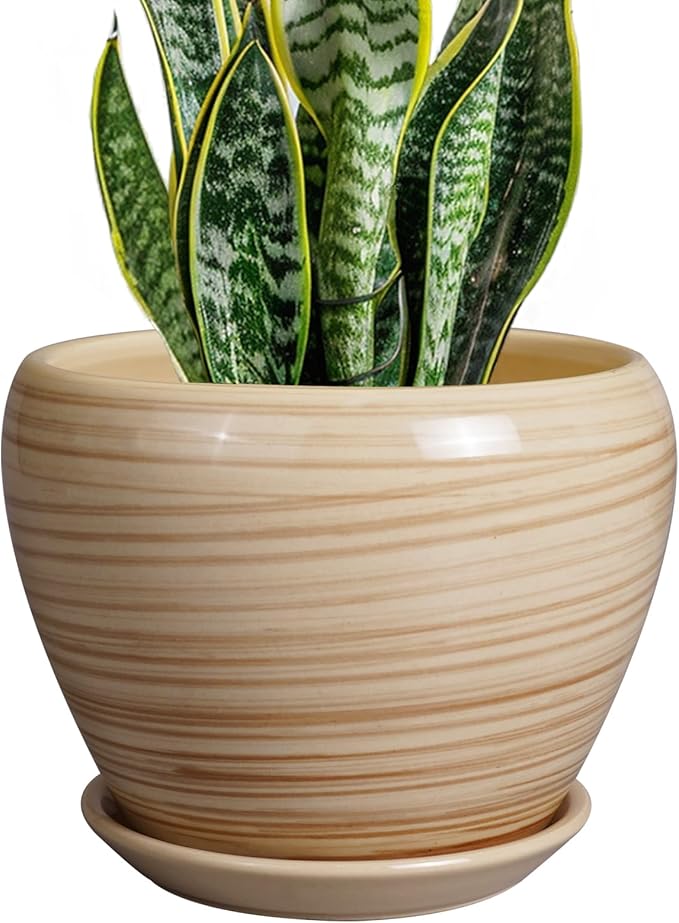 Planter 8 Inch - Indoor/Outdoor Ceramic Plant Pot With Drainage Hole and Saucer, Round Modern Flower Planter for Succulents, House, Patio - Yellow Ceramicfor