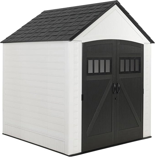 Rubbermaid Resin Outdoor Storage Shed With Floor (7 x 7 Ft) Weather Resistant, White, Organization for Home/Backyard/Garden Tools/Lawn Mower/Bike Storage/Pool Supplies Rubbermaid
