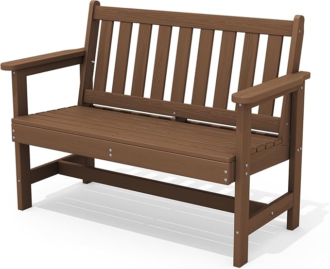 SERWALL Outdoor Bench, HDPE Outdoor Benches Weatherproof, 2-Person Garden Bench with 660 lbs Weight Capacity, Patio Benches for Outdoors, Garden, Porch, Backyard and Park, Brown SERWALL
