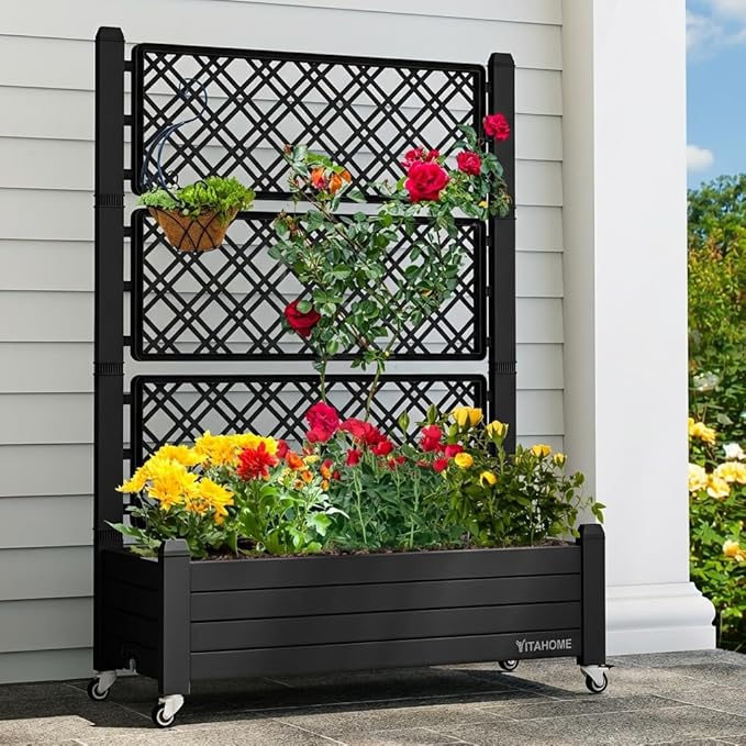YITAHOME 43.3x17.7x61 in Planter Trellis Box with Wheels & Drain Plug, Outdoor Resin Raised Garden Bed for Climbing Plants, Large Weather-Resistant Design, Black YITAHOME
