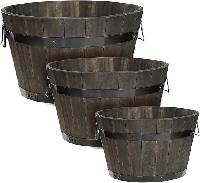 Idzo Set of 3 Wooden Flower Planters for Outdoor Plants, Acacia Wood Barrel Planters, Ergonomic Handles, Drainage Holes, Various Sizes, Black Idzo