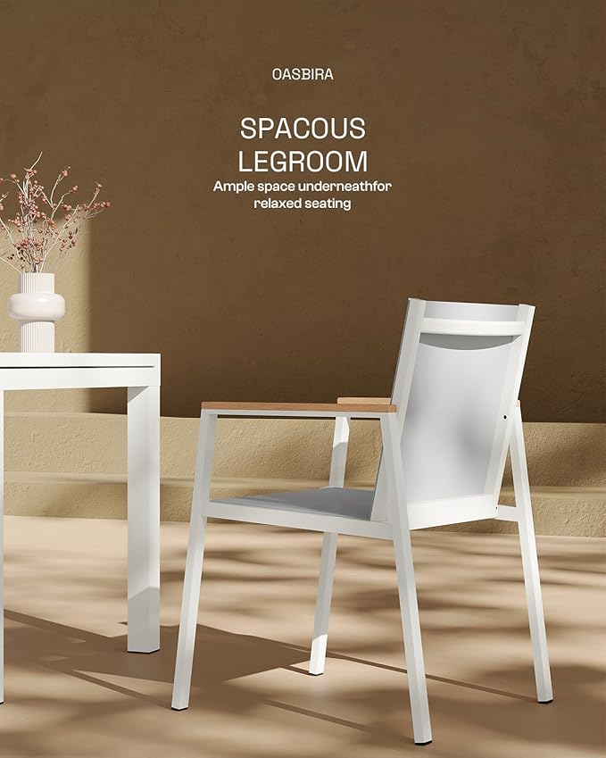 Outdoor Aluminum Patio Dining Table Set for 6-8 Person, Expandable Outdoor Table and 8 Chairs with Textilene Fabric & HDPS Armrest, All-Weather Patio Furniture Set for Yard, Garden, White Oasbira