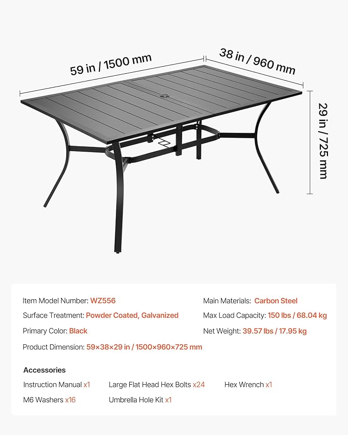 VEVOR Outdoor Patio Dining Table, 59 inch Long Rectangular Metal Steel Slat Backyard Bistro Tables for 4-6, with 1.5 in Umbrella Hole, All-Weather Large Furniture for Lawn Garden Porch, Black VEVOR